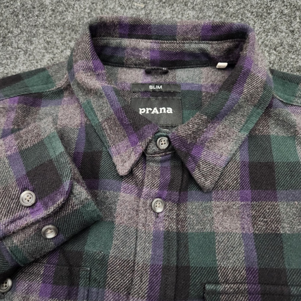 prAna Men SML Slim Fit Purple Plaid Flannel Button Shirt Organic Cotton Gorpcore